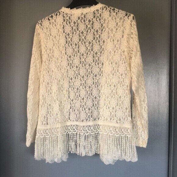 Peaces size Medium Lace & Fringe long sleeved open cardigan made in USA - Picture 2 of 7